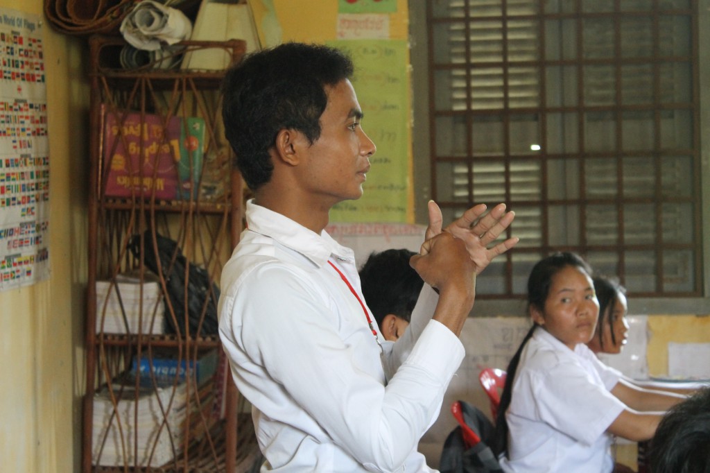 Year two students in Kampot discussing a visit from the Job Training project