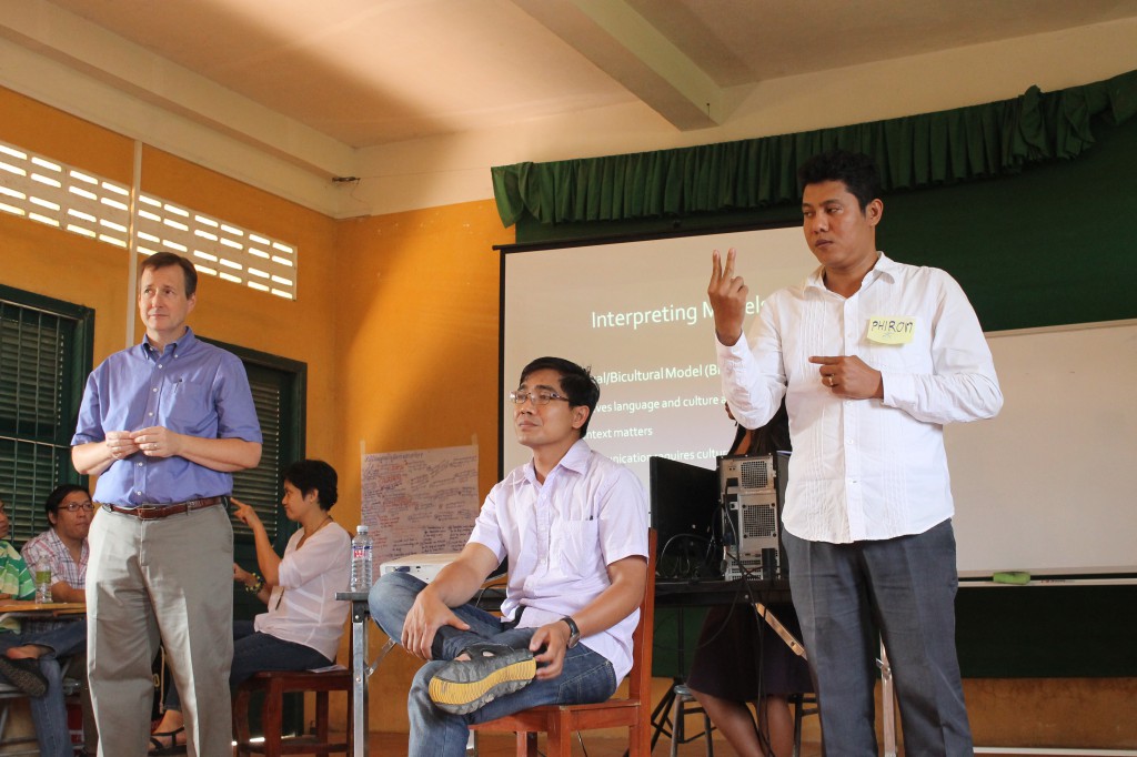 This workshop for interpreters also required many interpreters.  At all times, there was a Khmer/English hearing interpreter, a Khmer/Cambodian Sign Language Interpreter, and an English/ASL or FSL Interpreter for our Deaf Filipino guests.