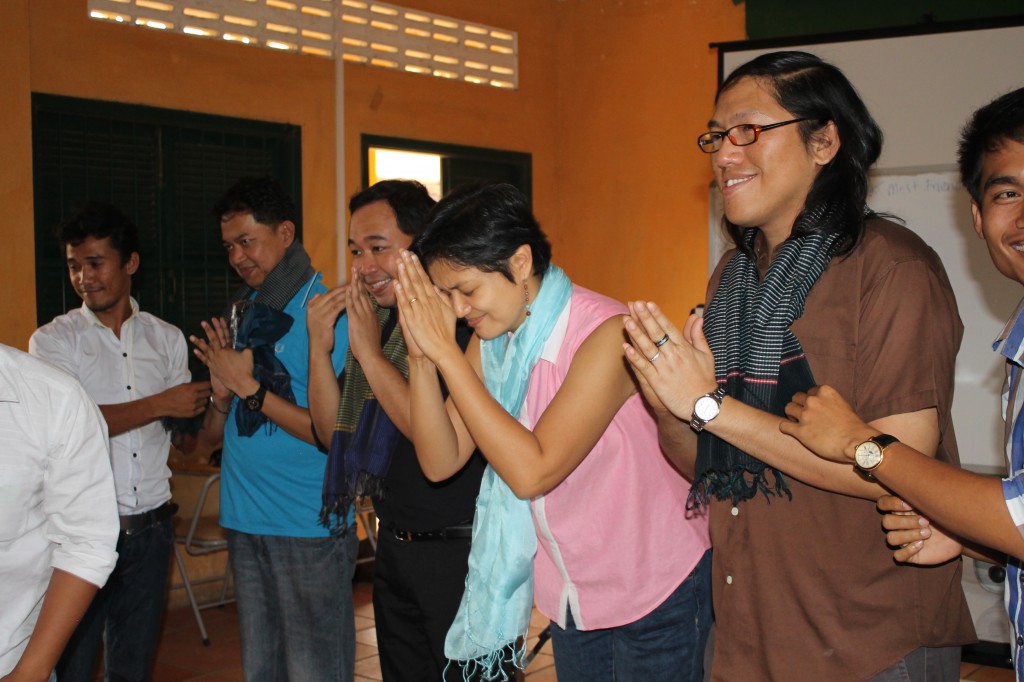 Our four presenters from the Philippines with Cambodian Kramas from the workshop participants